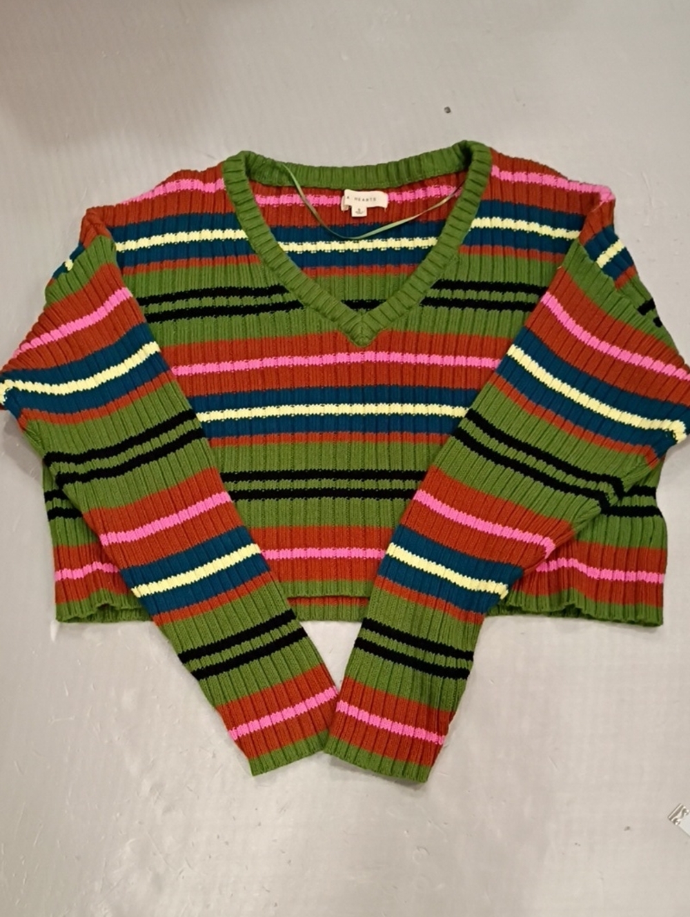 La Hearts Green Striped V-Neck Sweater with Pink, Blue & Red Accents. Oversized